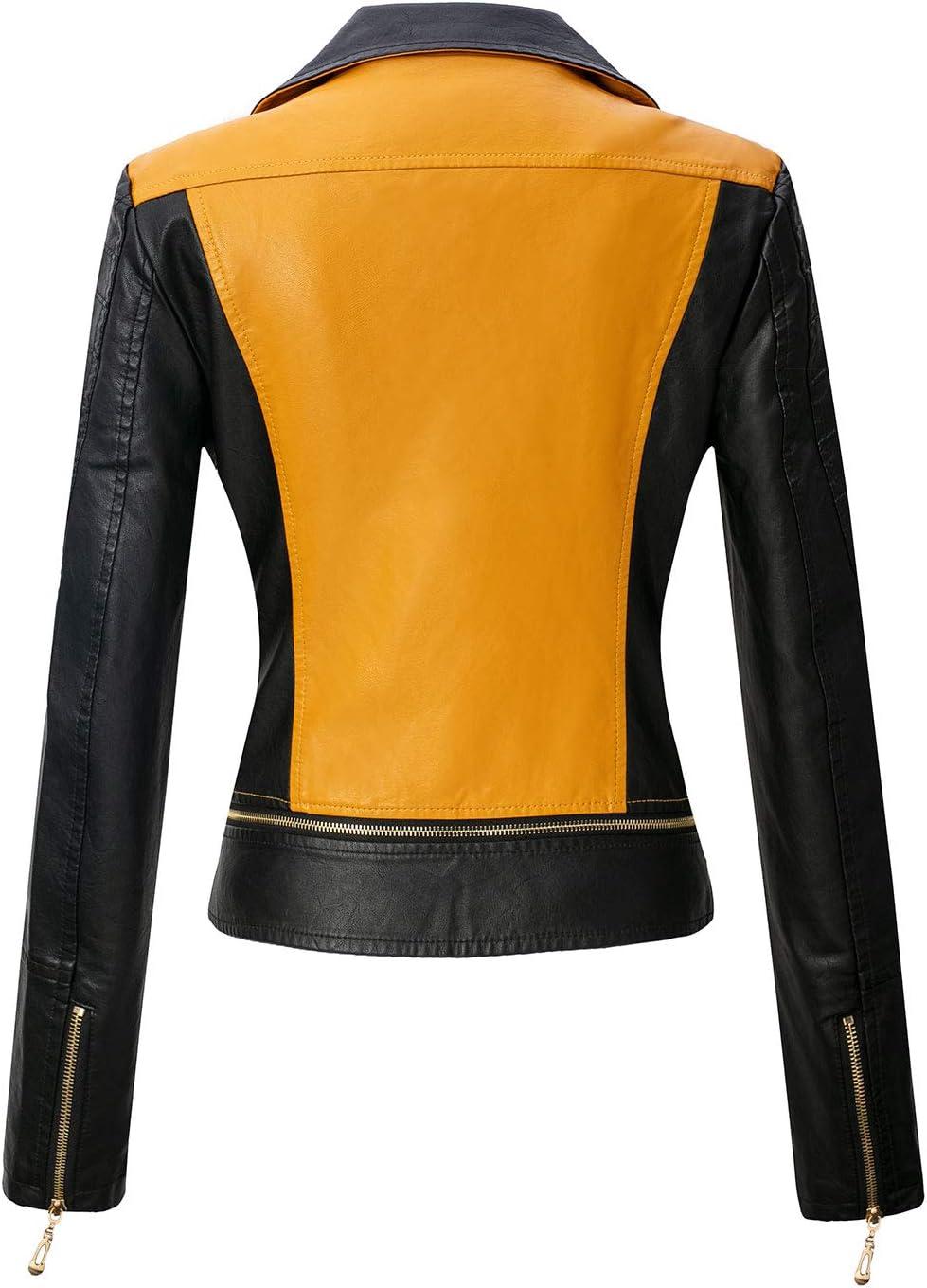 imageTanming Womens Faux Leather Moto Biker Short Coat JacketC Yellow14
