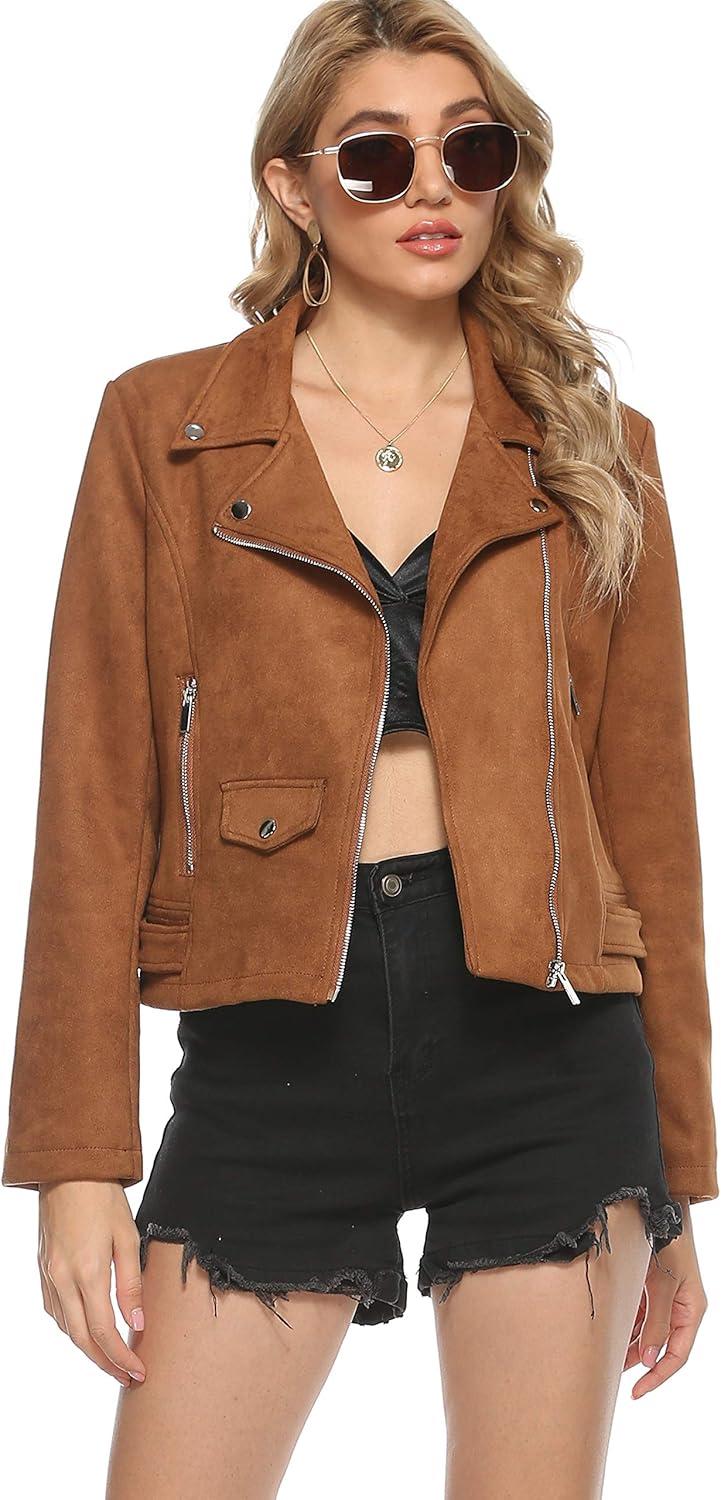 imageTanming Womens Faux Leather Moto Biker Short Coat JacketH Suedebrown