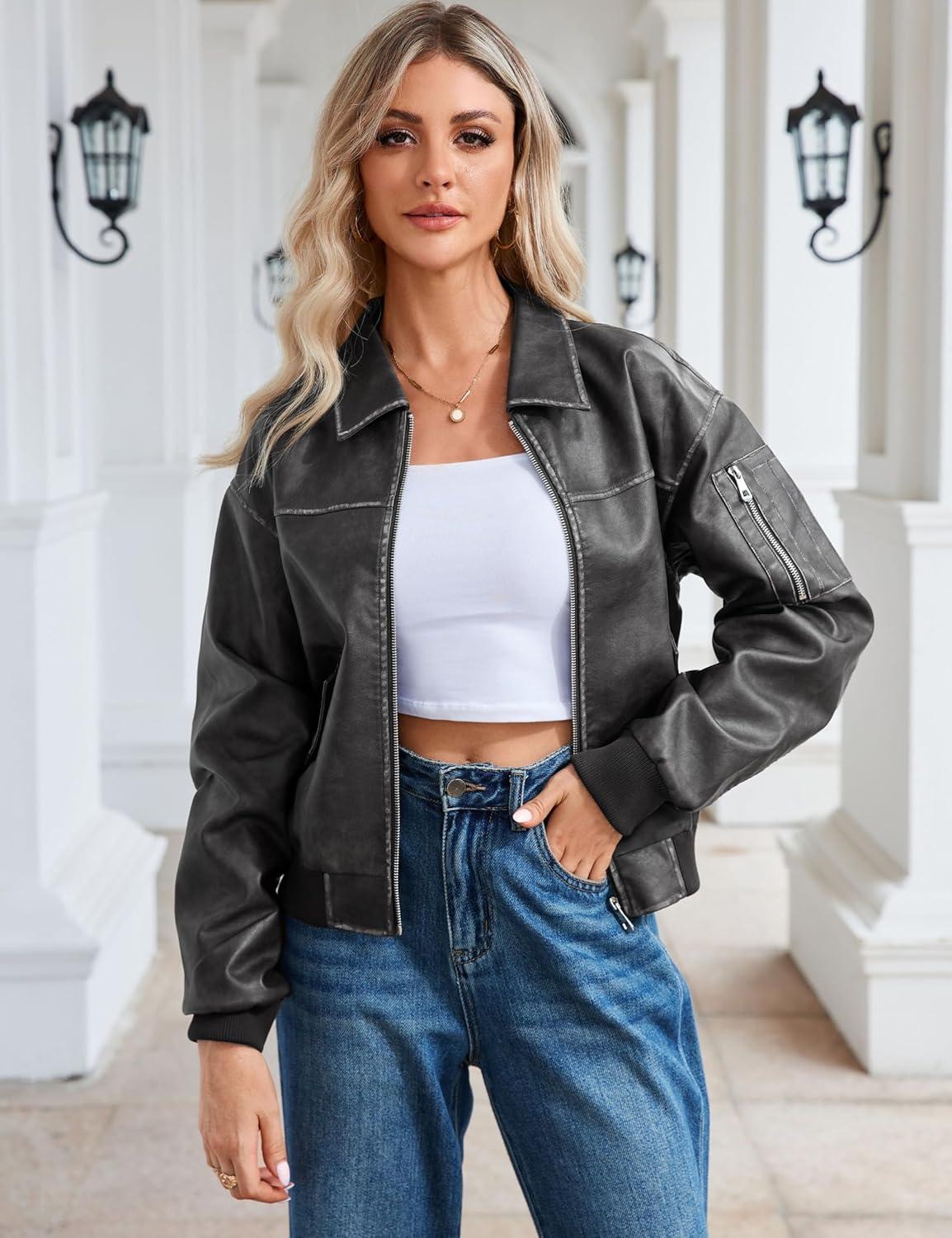 imageTanming Womens Leather Jacket Fall Fashion Motorcycle Biker Bomber Jacket Zip Up Winter Coat OuterwearGrey