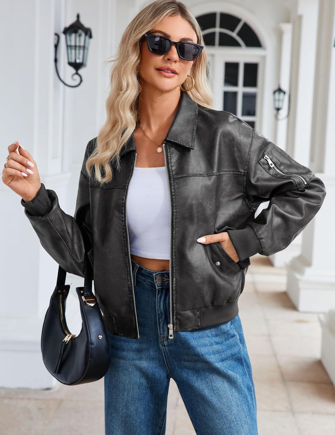 imageTanming Womens Leather Jacket Fall Fashion Motorcycle Biker Bomber Jacket Zip Up Winter Coat OuterwearGrey