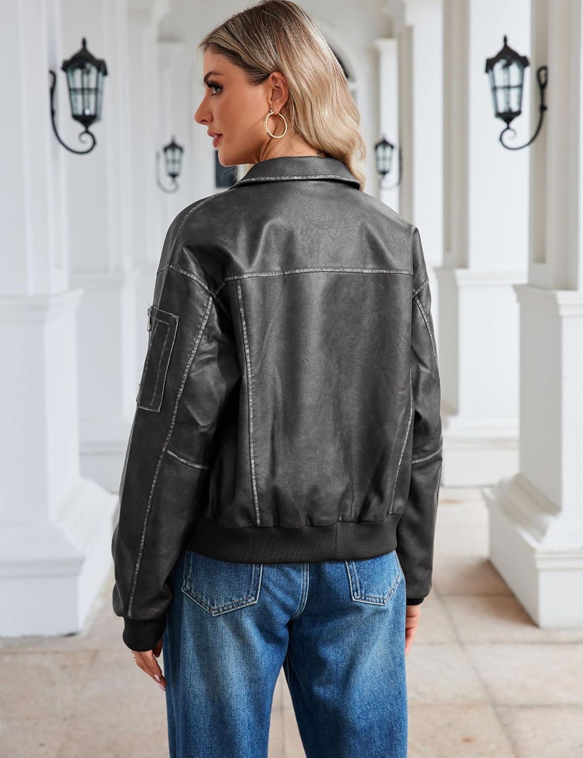 imageTanming Womens Leather Jacket Fall Fashion Motorcycle Biker Bomber Jacket Zip Up Winter Coat OuterwearGrey