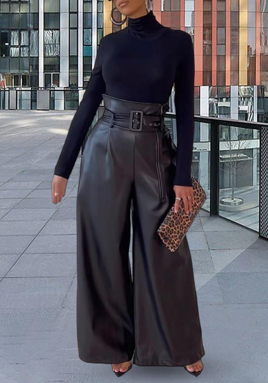 imageTcremisa Leather Pants for Women High Waisted Faux Leather Straight Wide Leg Pant PU Trousers with BeltBlack