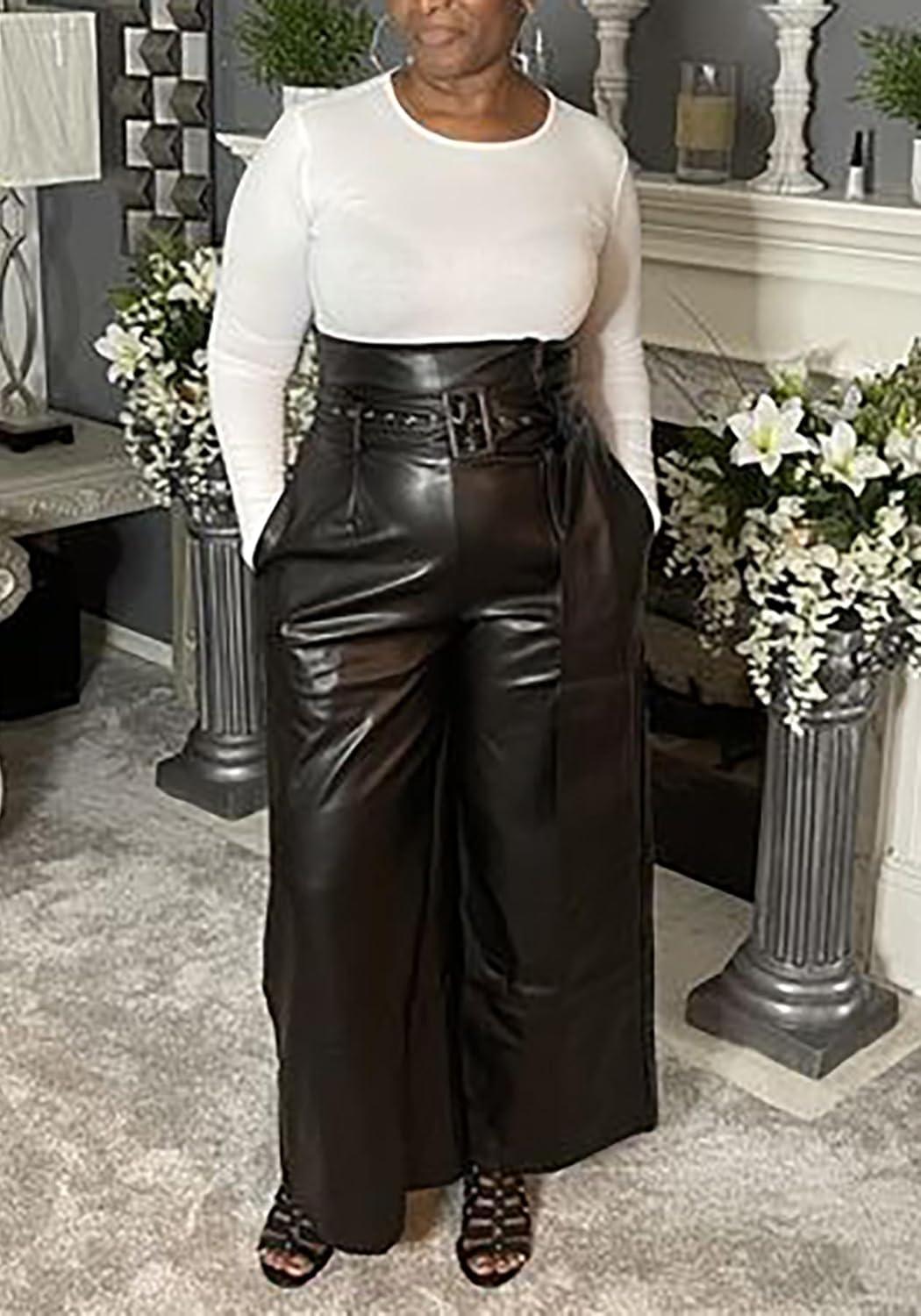 imageTcremisa Leather Pants for Women High Waisted Faux Leather Straight Wide Leg Pant PU Trousers with BeltBlack