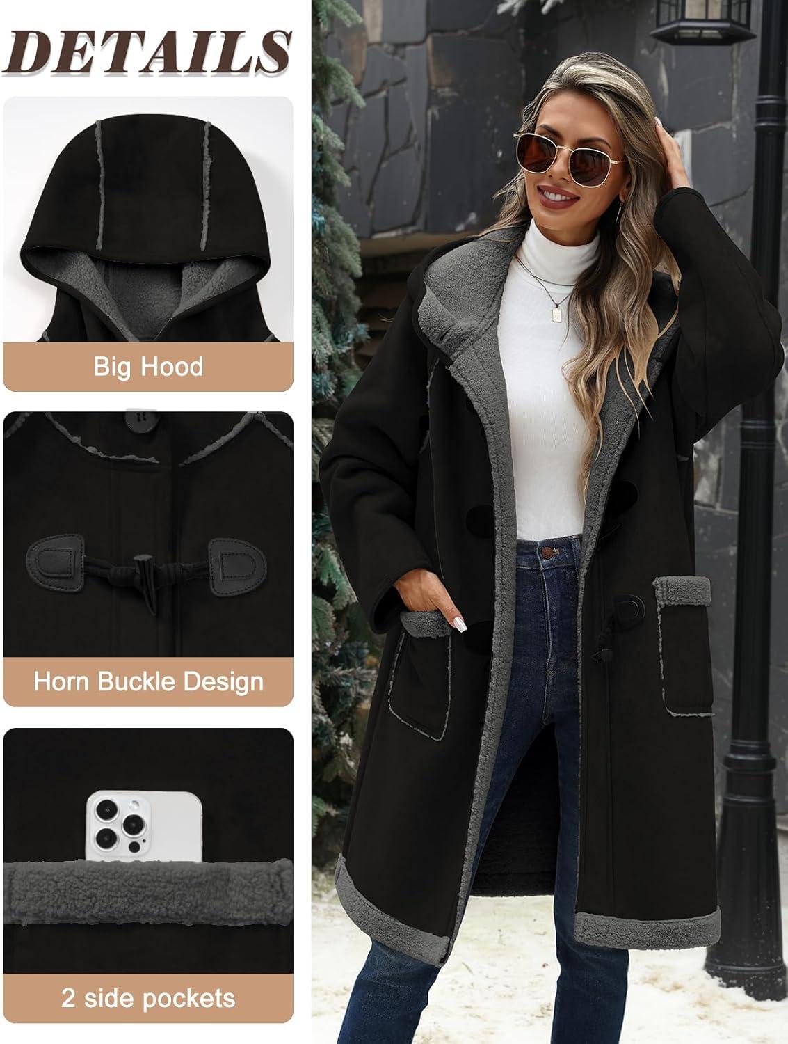 imageUMIPUBO Womens Faux Suede Coat Sherpa Fleece Lined Oversize Duffle Coat Winter MidLength Hooded Toggle Jacket with PocketsBlack