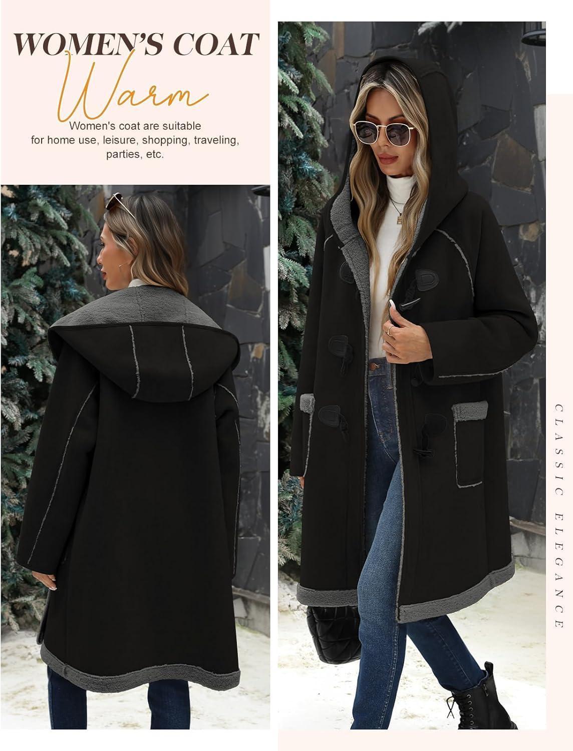 imageUMIPUBO Womens Faux Suede Coat Sherpa Fleece Lined Oversize Duffle Coat Winter MidLength Hooded Toggle Jacket with PocketsBlack