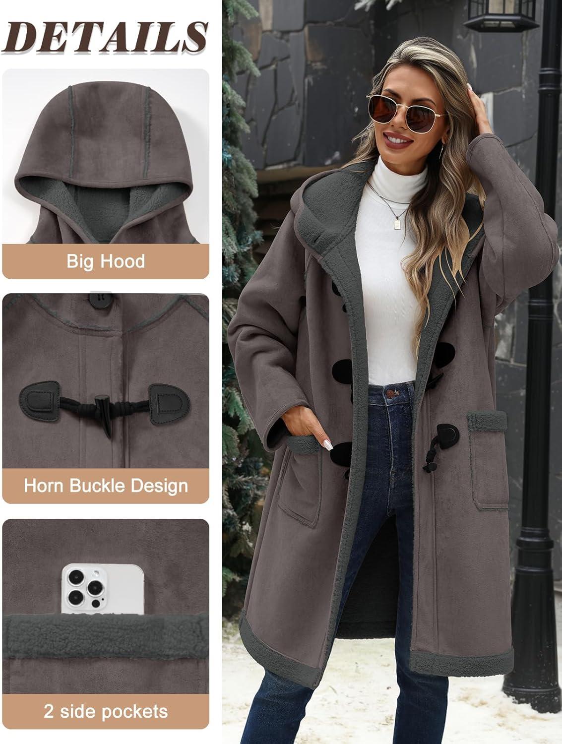 imageUMIPUBO Womens Faux Suede Coat Sherpa Fleece Lined Oversize Duffle Coat Winter MidLength Hooded Toggle Jacket with PocketsDark Grey