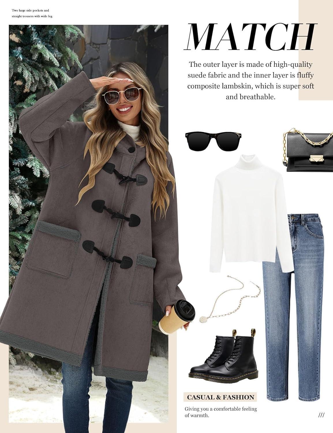 imageUMIPUBO Womens Faux Suede Coat Sherpa Fleece Lined Oversize Duffle Coat Winter MidLength Hooded Toggle Jacket with PocketsDark Grey