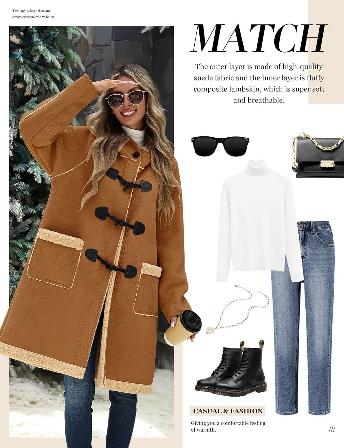 imageUMIPUBO Womens Faux Suede Coat Sherpa Fleece Lined Oversize Duffle Coat Winter MidLength Hooded Toggle Jacket with PocketsDark Khaki
