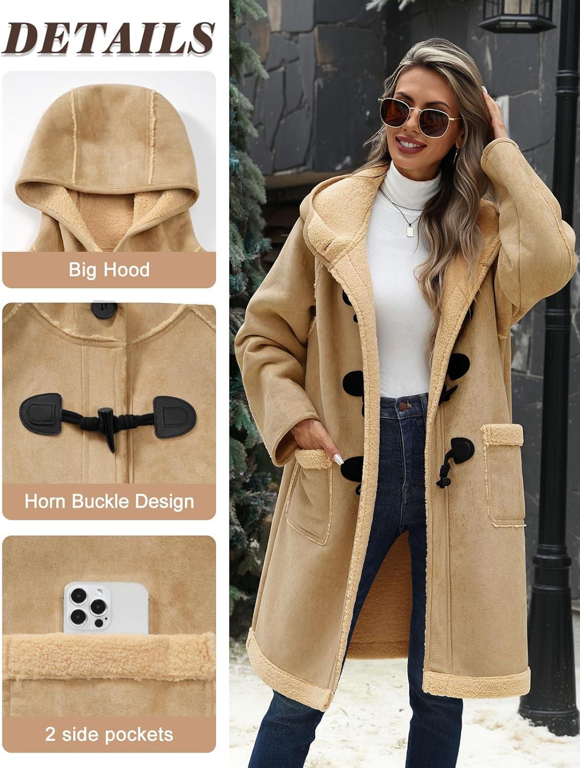 imageUMIPUBO Womens Faux Suede Coat Sherpa Fleece Lined Oversize Duffle Coat Winter MidLength Hooded Toggle Jacket with PocketsLight Khaki