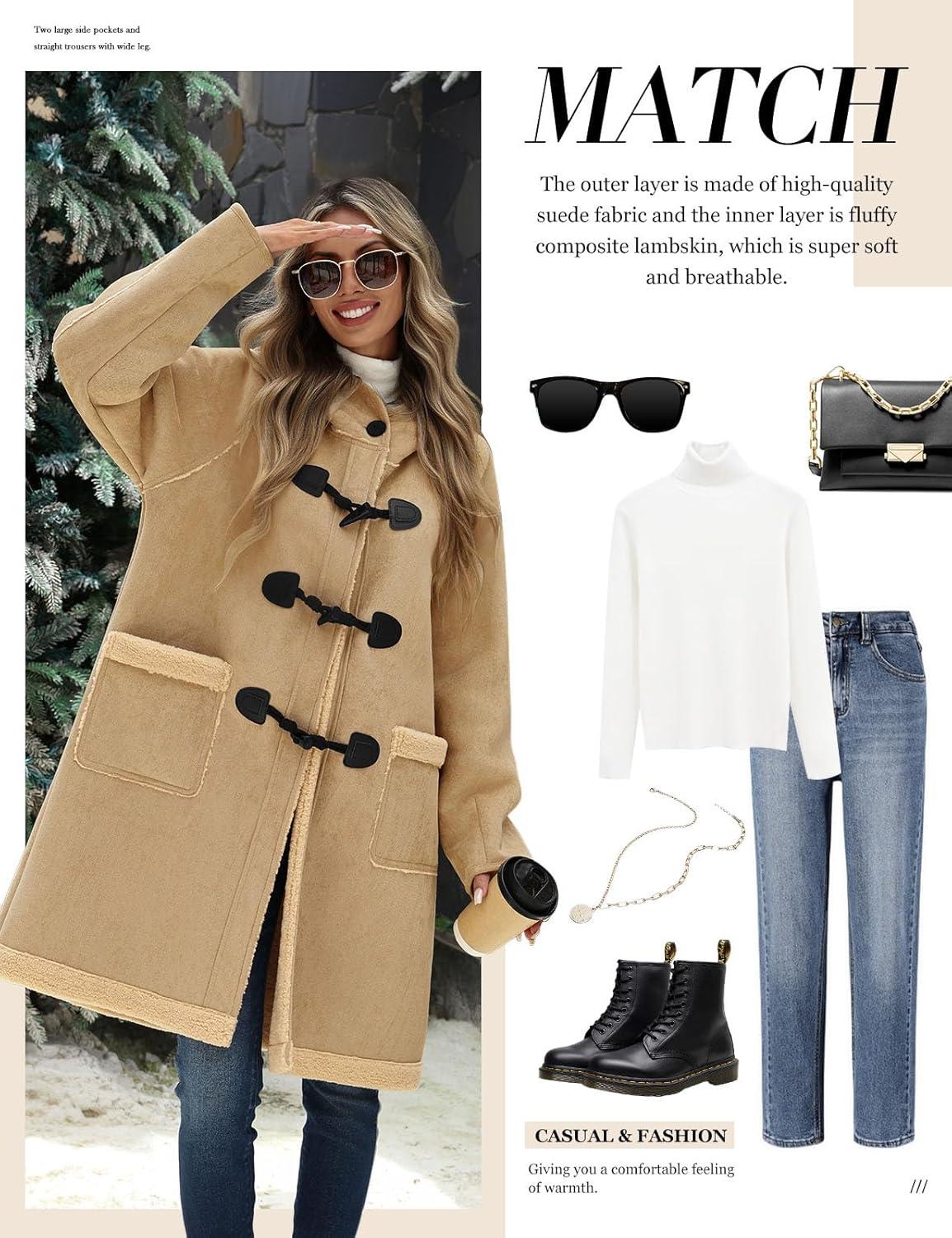 imageUMIPUBO Womens Faux Suede Coat Sherpa Fleece Lined Oversize Duffle Coat Winter MidLength Hooded Toggle Jacket with PocketsLight Khaki