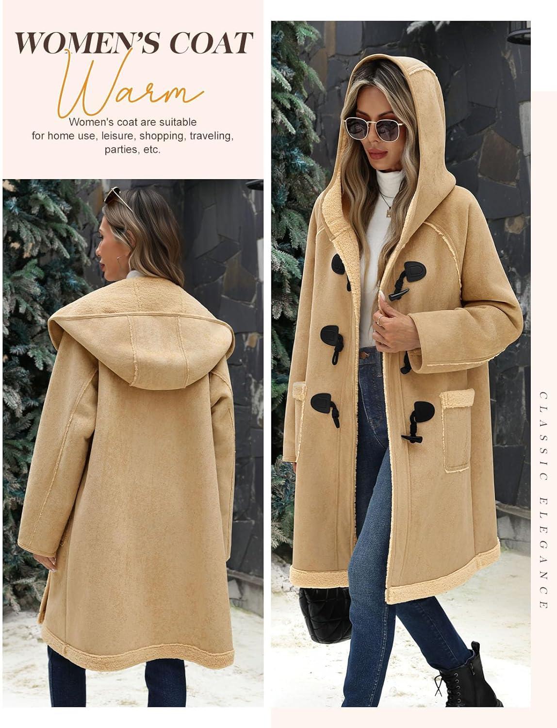imageUMIPUBO Womens Faux Suede Coat Sherpa Fleece Lined Oversize Duffle Coat Winter MidLength Hooded Toggle Jacket with PocketsLight Khaki