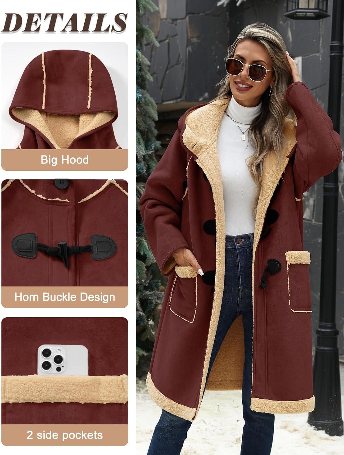 imageUMIPUBO Womens Faux Suede Coat Sherpa Fleece Lined Oversize Duffle Coat Winter MidLength Hooded Toggle Jacket with PocketsWine Red