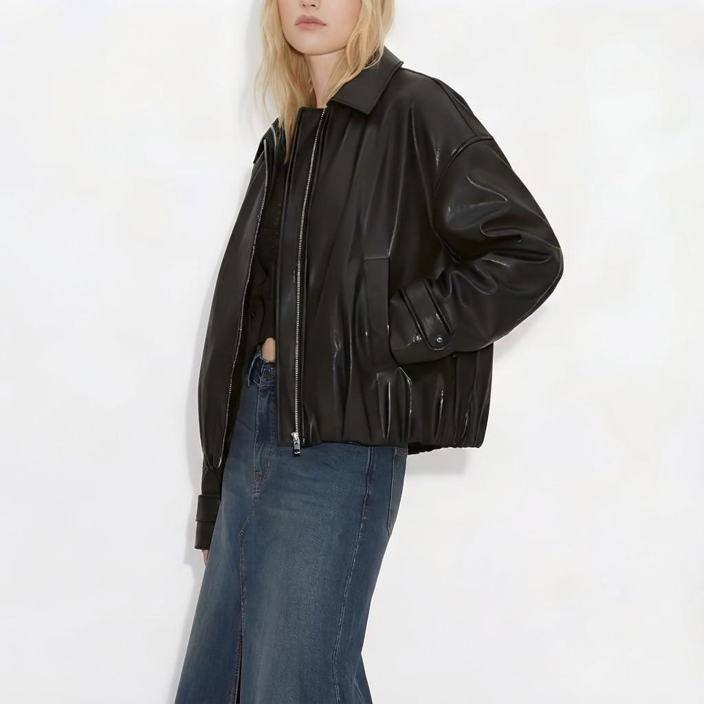 imageVKXJA Oversized Faux Leather Bomber Jacket for Women ZipUp Aviator Flight Coat Relaxed Fit Streetwear OuterwearBlack