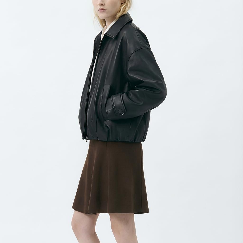 imageVKXJA Oversized Faux Leather Bomber Jacket for Women ZipUp Aviator Flight Coat Relaxed Fit Streetwear OuterwearBlack
