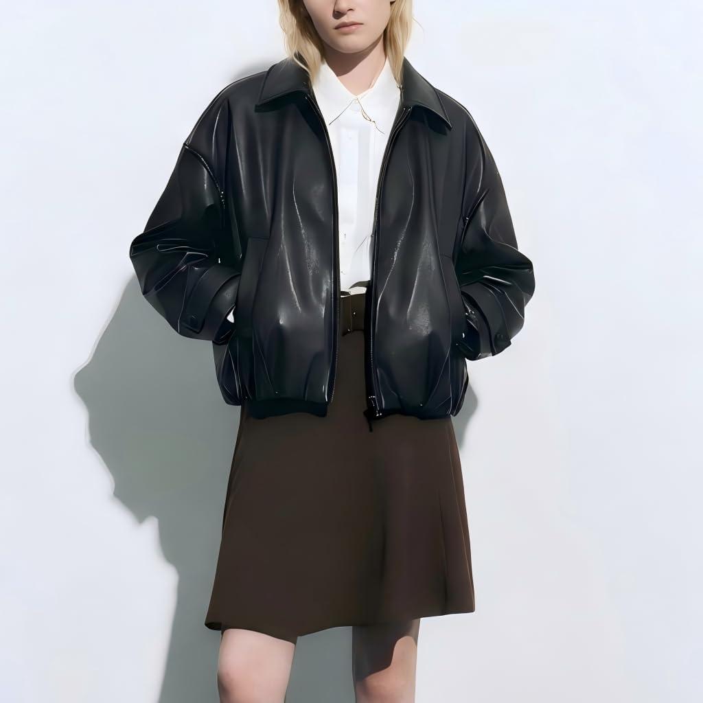 imageVKXJA Oversized Faux Leather Bomber Jacket for Women ZipUp Aviator Flight Coat Relaxed Fit Streetwear OuterwearBlack