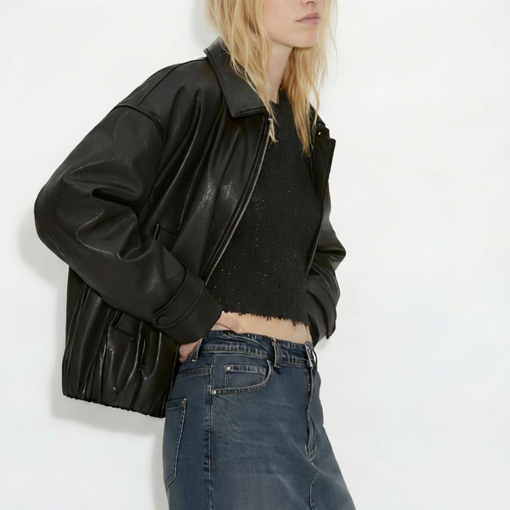 imageVKXJA Oversized Faux Leather Bomber Jacket for Women ZipUp Aviator Flight Coat Relaxed Fit Streetwear OuterwearBlack