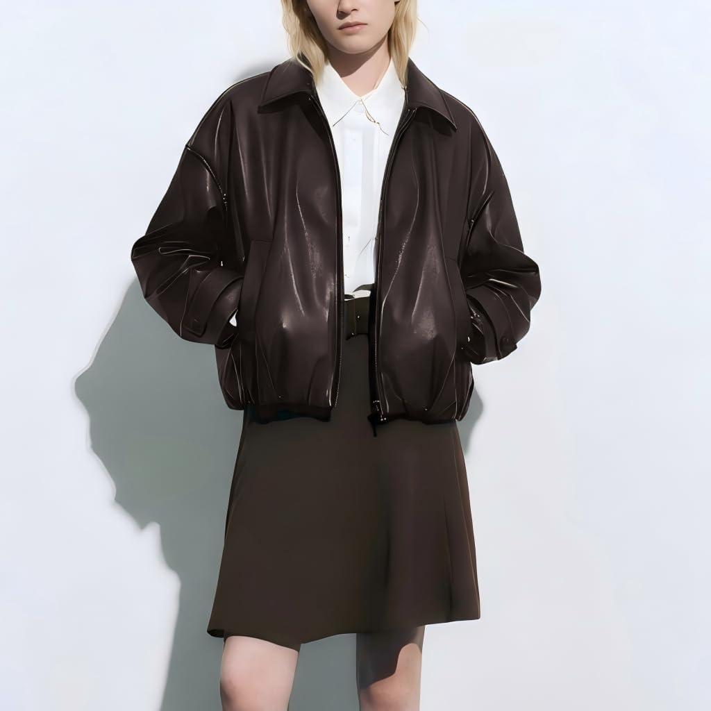 imageVKXJA Oversized Faux Leather Bomber Jacket for Women ZipUp Aviator Flight Coat Relaxed Fit Streetwear OuterwearBrown
