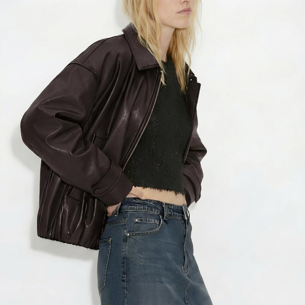 imageVKXJA Oversized Faux Leather Bomber Jacket for Women ZipUp Aviator Flight Coat Relaxed Fit Streetwear OuterwearBrown