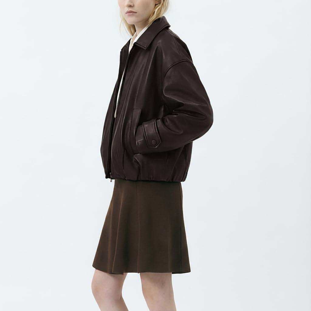 imageVKXJA Oversized Faux Leather Bomber Jacket for Women ZipUp Aviator Flight Coat Relaxed Fit Streetwear OuterwearBrown
