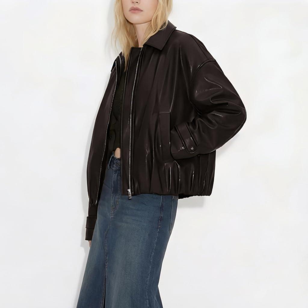 imageVKXJA Oversized Faux Leather Bomber Jacket for Women ZipUp Aviator Flight Coat Relaxed Fit Streetwear OuterwearBrown