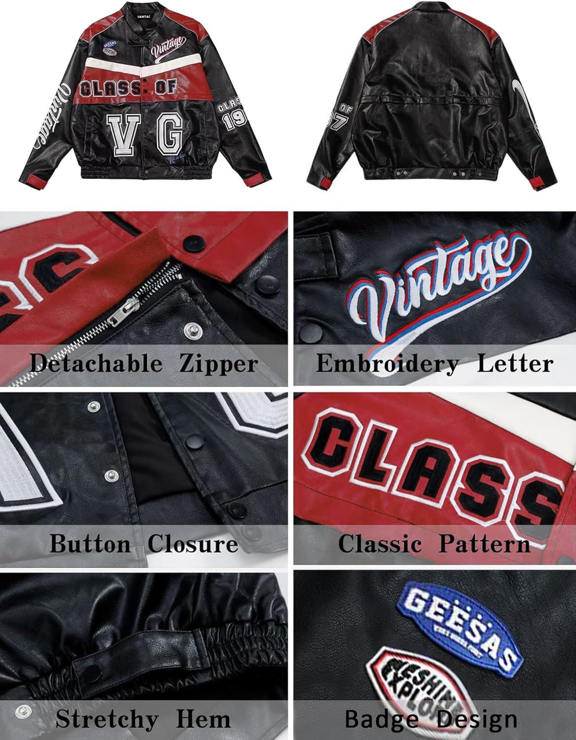 imageVamtac Leather Racing Varsity Jackets Oversized Vintage Letterman Racing Bomber Coat Trendy StreetwearRed