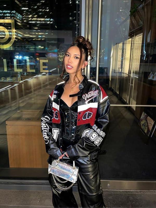 imageVamtac Leather Racing Varsity Jackets Oversized Vintage Letterman Racing Bomber Coat Trendy StreetwearRed