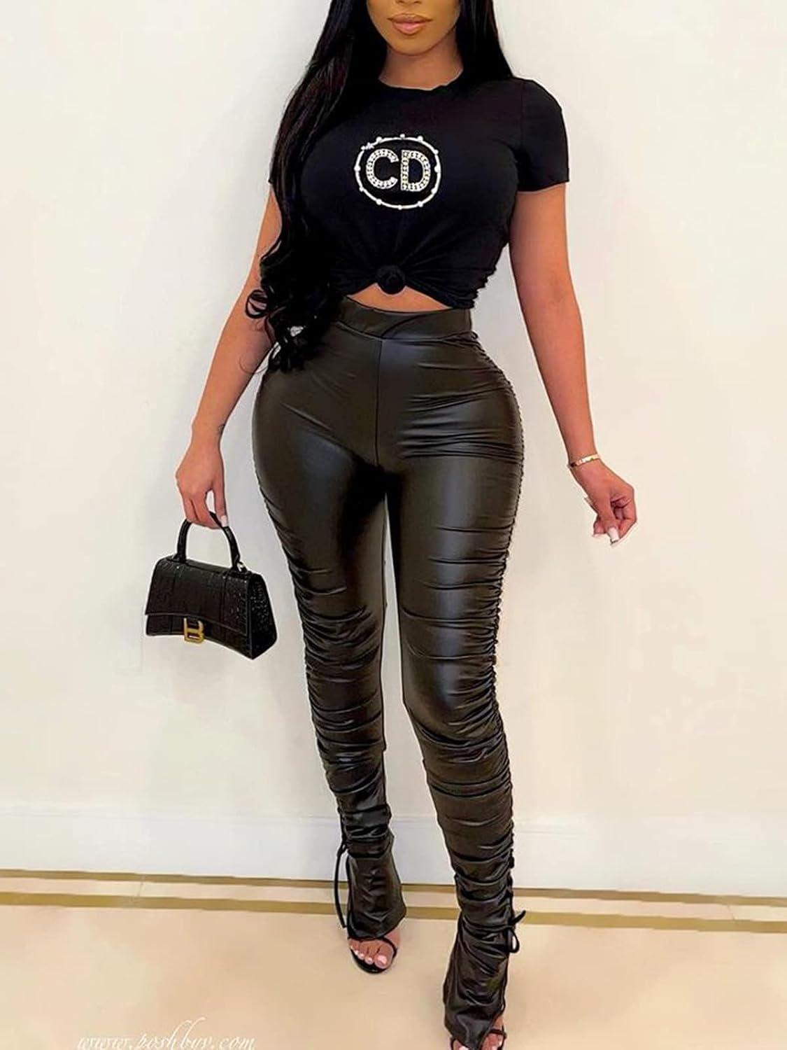 imageWomens Faux Leather Leggings Pants High Waisted Leather Tight Stacked Pants with SplitsBlack