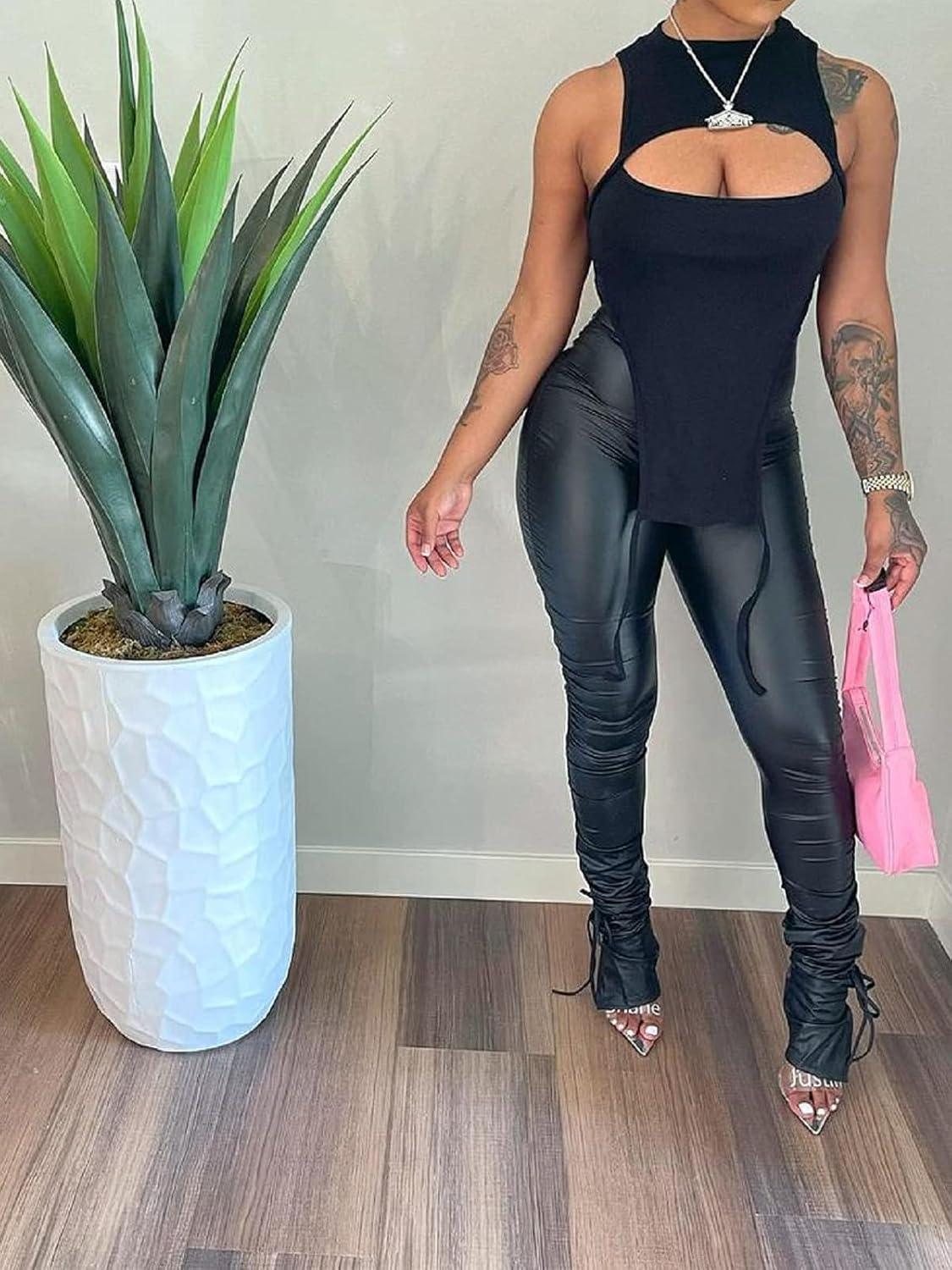 imageWomens Faux Leather Leggings Pants High Waisted Leather Tight Stacked Pants with SplitsBlack