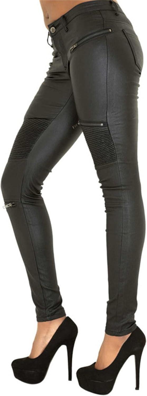 imageWomens Faux Leather Pants Rider Leggings PU Sexy Elastic Pant High Waisted Butt Lift Super Slim Wet Look Thin PencilBlack