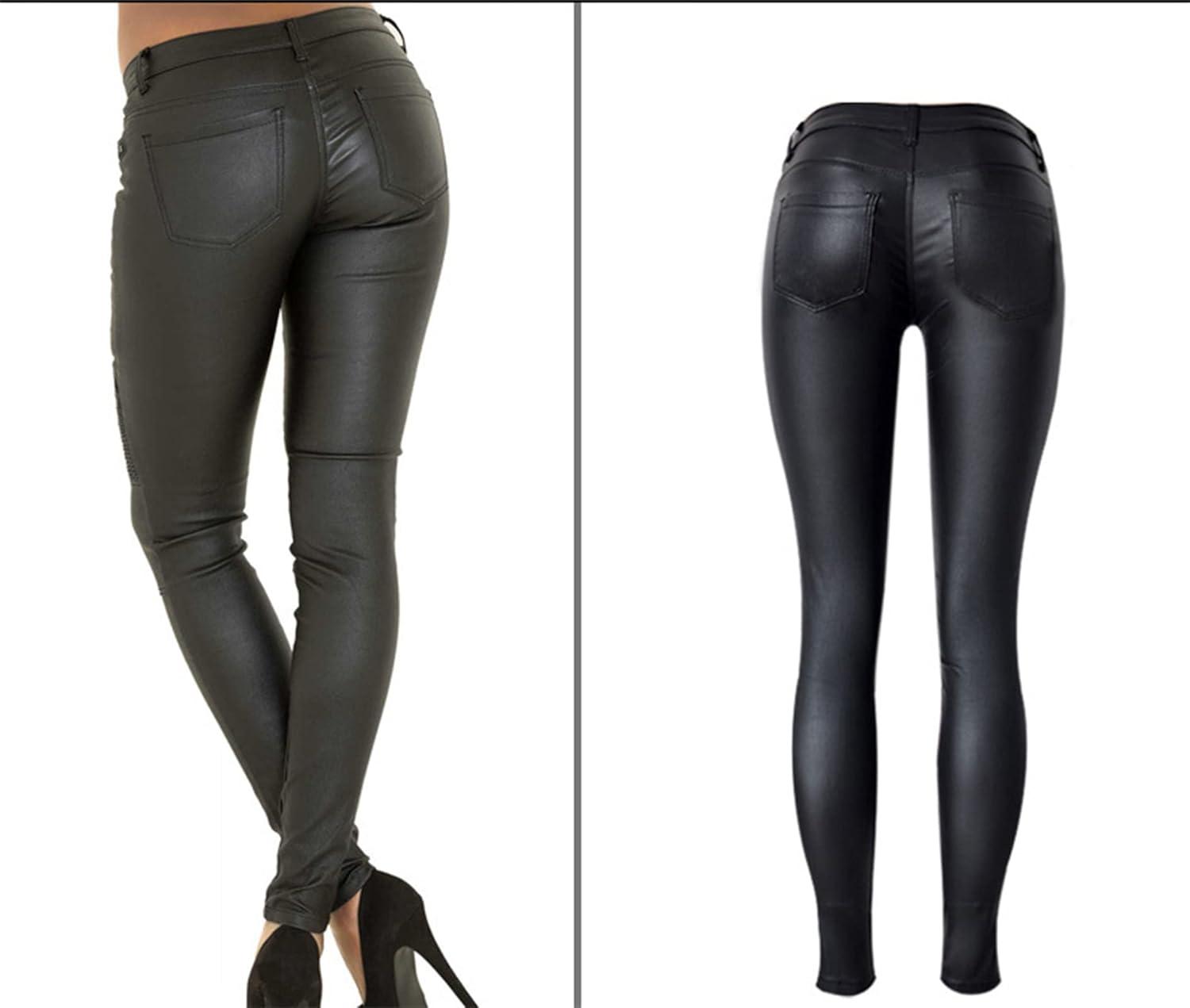 imageWomens Faux Leather Pants Rider Leggings PU Sexy Elastic Pant High Waisted Butt Lift Super Slim Wet Look Thin PencilBlack