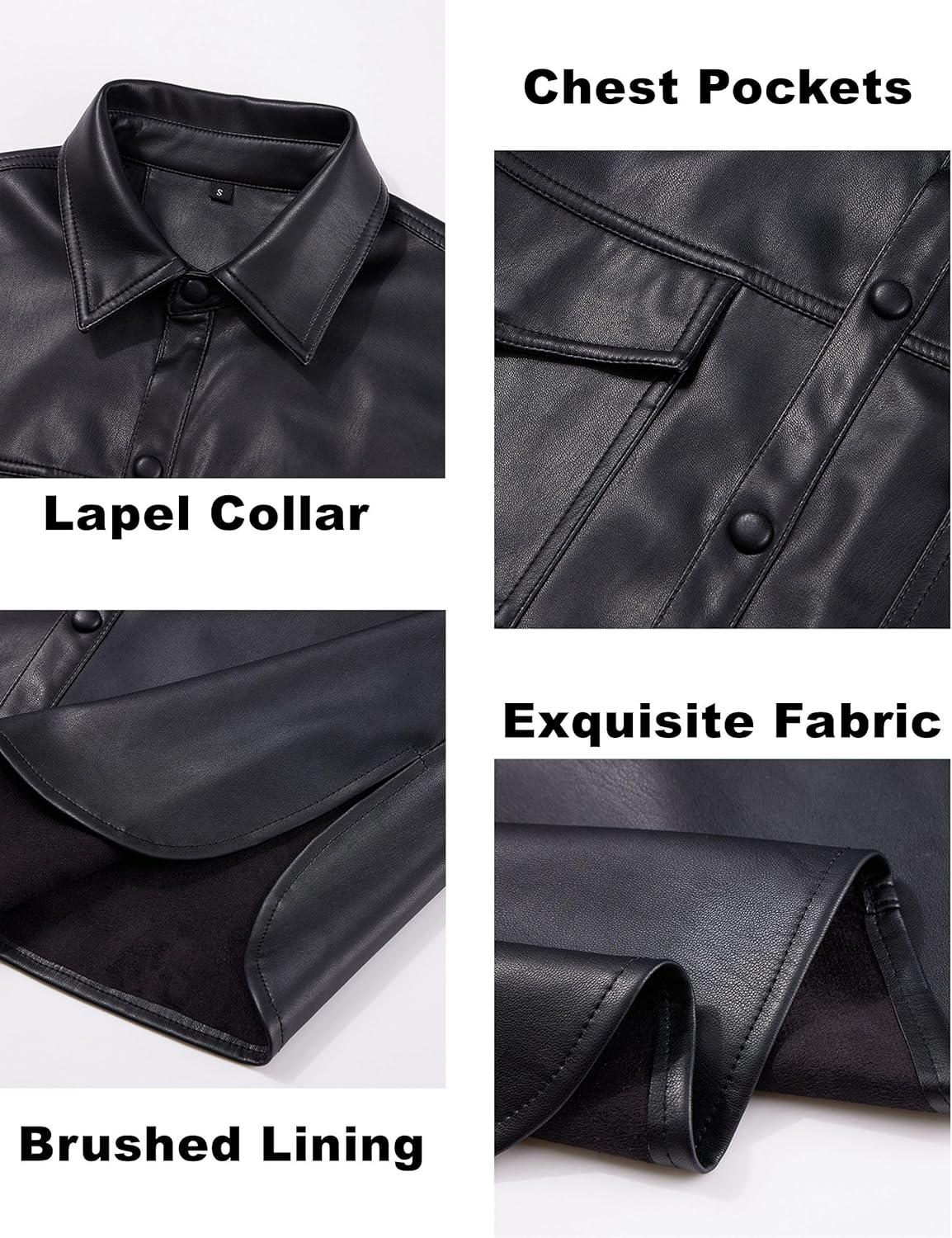 imageXULIKU Women Faux Leather Shacket JacketFall Spring Button Down Lapel Long Sleeve Shirts with PocketsBlack