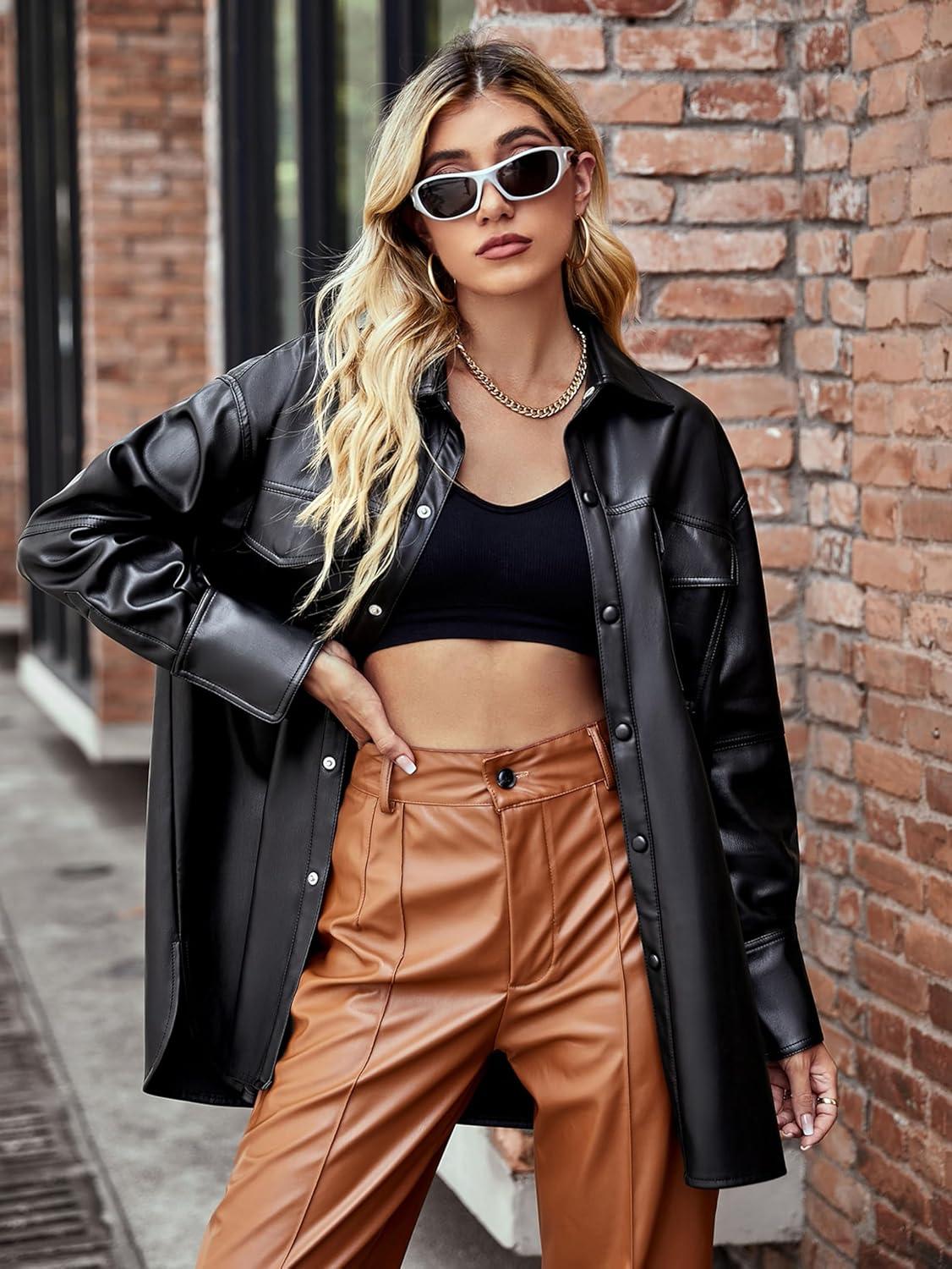 imageXULIKU Women Faux Leather Shacket JacketFall Spring Button Down Lapel Long Sleeve Shirts with PocketsBlack