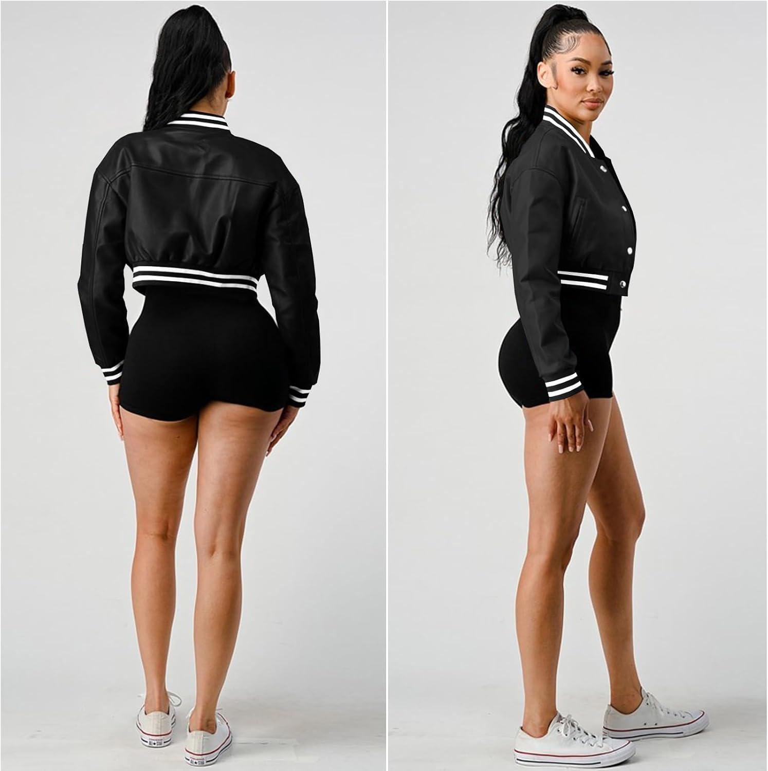 imageXaspee Varsity Bomber Jacket Women Causal Baseball Crop Top Letterman Faux Leather Snap Button Sports Outwear JacketsBlack