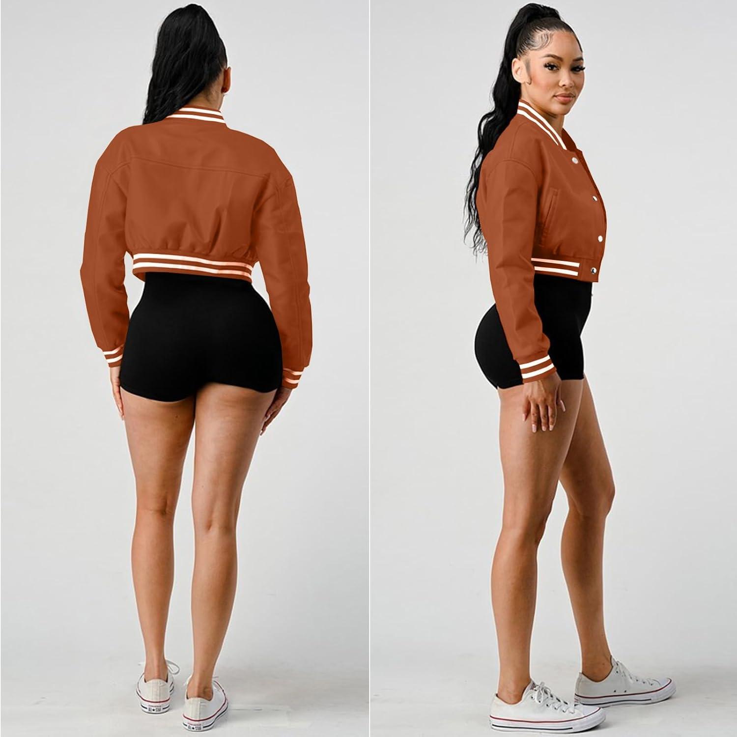 imageXaspee Varsity Bomber Jacket Women Causal Baseball Crop Top Letterman Faux Leather Snap Button Sports Outwear JacketsBrown