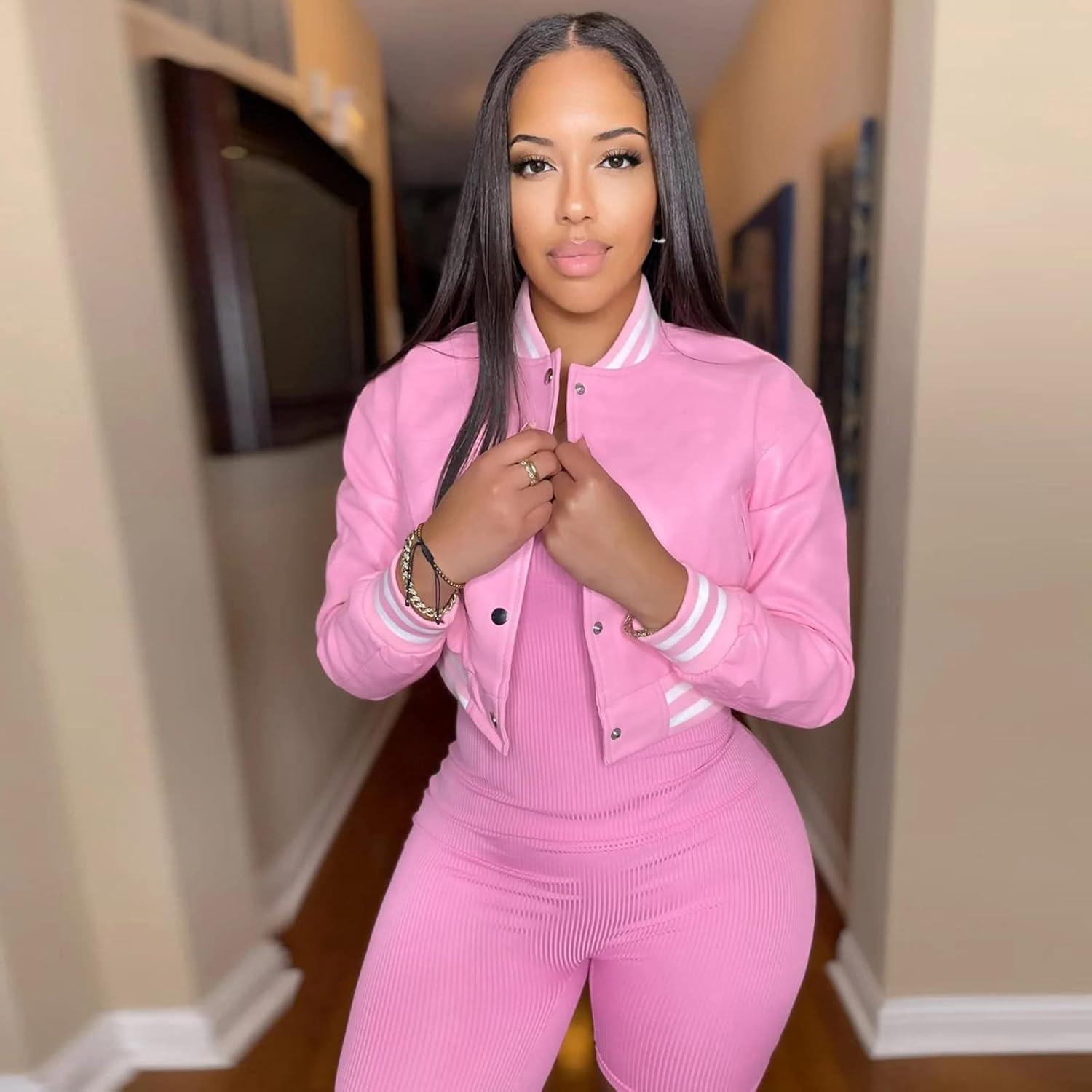 imageXaspee Varsity Bomber Jacket Women Causal Baseball Crop Top Letterman Faux Leather Snap Button Sports Outwear JacketsPink
