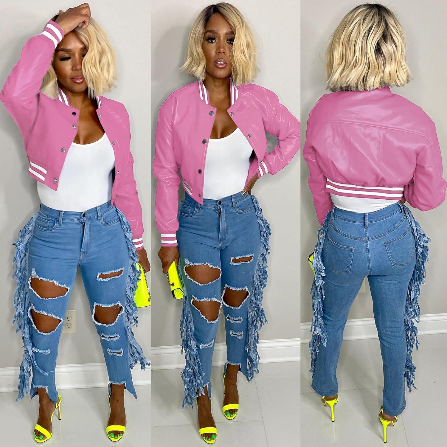imageXaspee Varsity Bomber Jacket Women Causal Baseball Crop Top Letterman Faux Leather Snap Button Sports Outwear JacketsPink