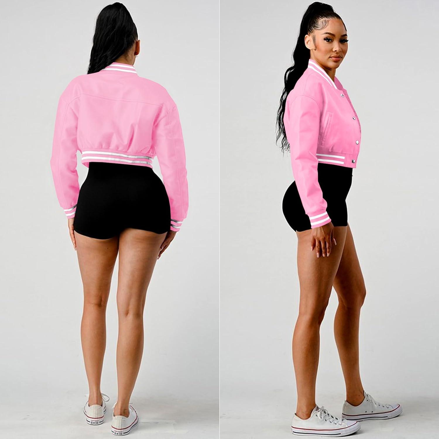 imageXaspee Varsity Bomber Jacket Women Causal Baseball Crop Top Letterman Faux Leather Snap Button Sports Outwear JacketsPink