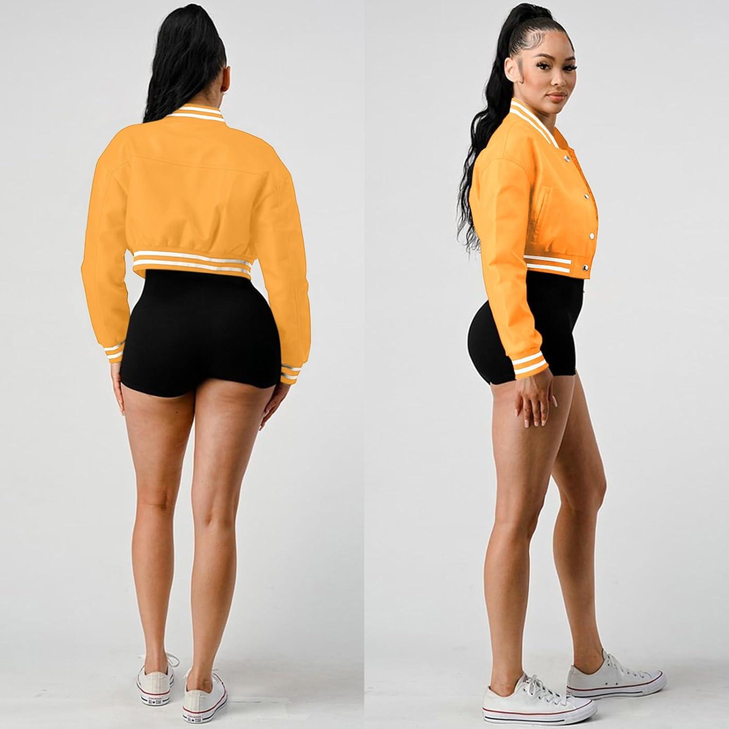 imageXaspee Varsity Bomber Jacket Women Causal Baseball Crop Top Letterman Faux Leather Snap Button Sports Outwear JacketsYellow