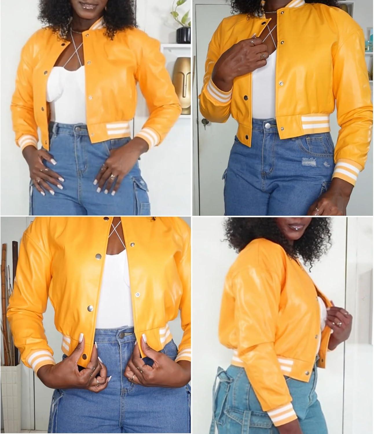 imageXaspee Varsity Bomber Jacket Women Causal Baseball Crop Top Letterman Faux Leather Snap Button Sports Outwear JacketsYellow