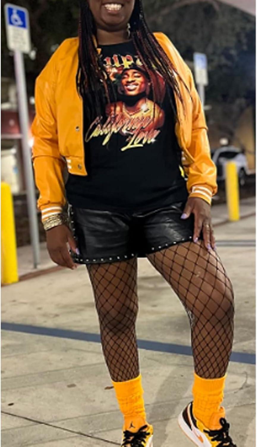 imageXaspee Varsity Bomber Jacket Women Causal Baseball Crop Top Letterman Faux Leather Snap Button Sports Outwear JacketsYellow