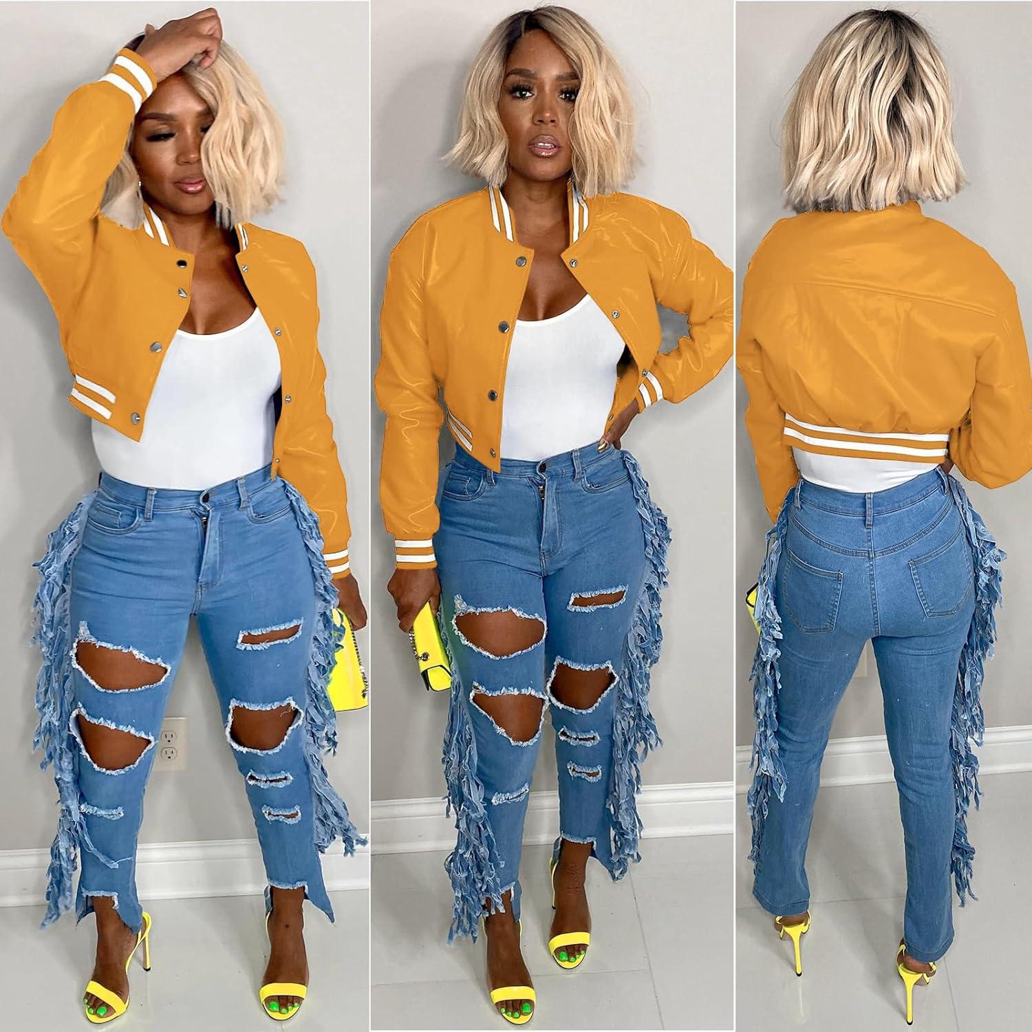 imageXaspee Varsity Bomber Jacket Women Causal Baseball Crop Top Letterman Faux Leather Snap Button Sports Outwear JacketsYellow