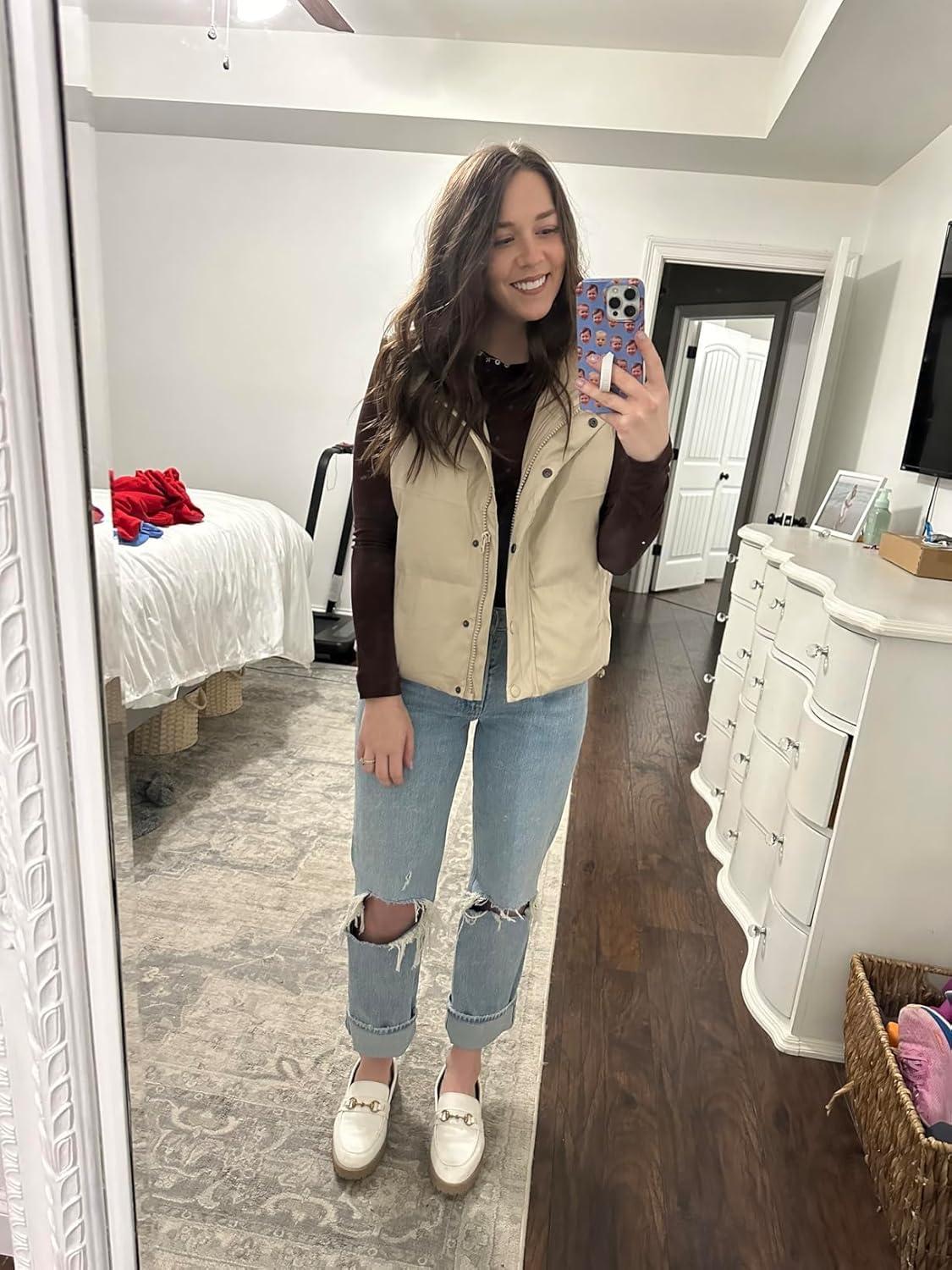 imageYidarer Womens Faux Leather Puffer Vest ZipUp Stand Collar Quilted Sleeveless Jacket Casual Fall Winter OuterwearBeige