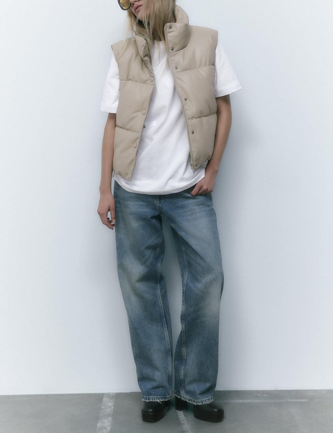 imageYidarer Womens Faux Leather Puffer Vest ZipUp Stand Collar Quilted Sleeveless Jacket Casual Fall Winter OuterwearBeige