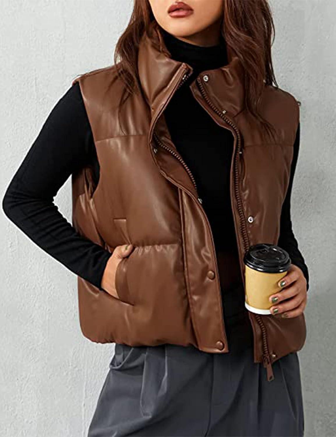 imageYidarer Womens Faux Leather Puffer Vest ZipUp Stand Collar Quilted Sleeveless Jacket Casual Fall Winter OuterwearCoffee