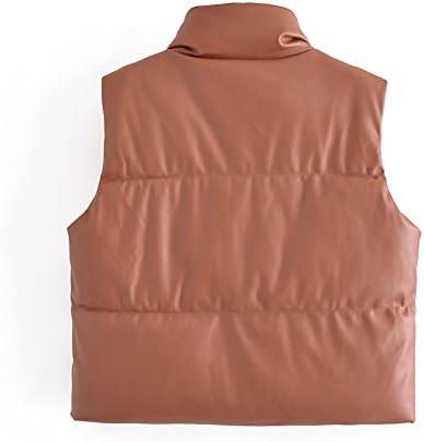 imageYidarer Womens Faux Leather Puffer Vest ZipUp Stand Collar Quilted Sleeveless Jacket Casual Fall Winter OuterwearCoffee