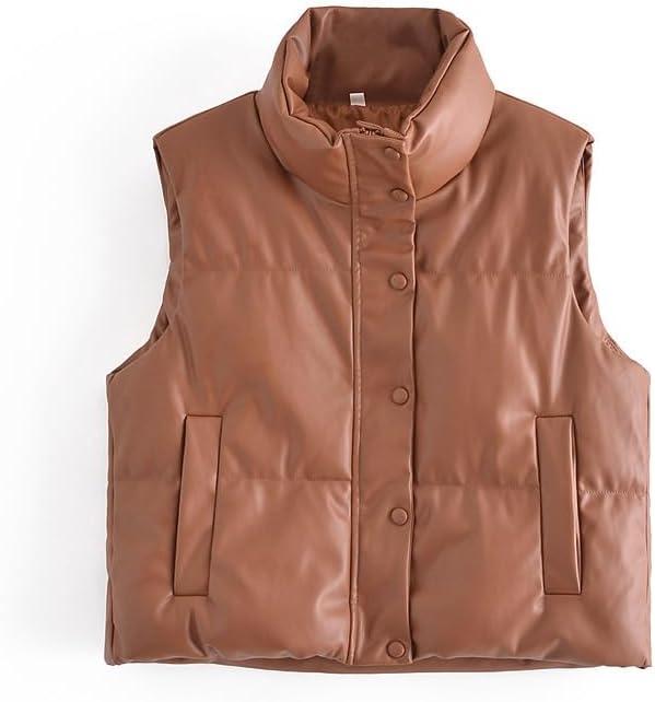 imageYidarer Womens Faux Leather Puffer Vest ZipUp Stand Collar Quilted Sleeveless Jacket Casual Fall Winter OuterwearCoffee