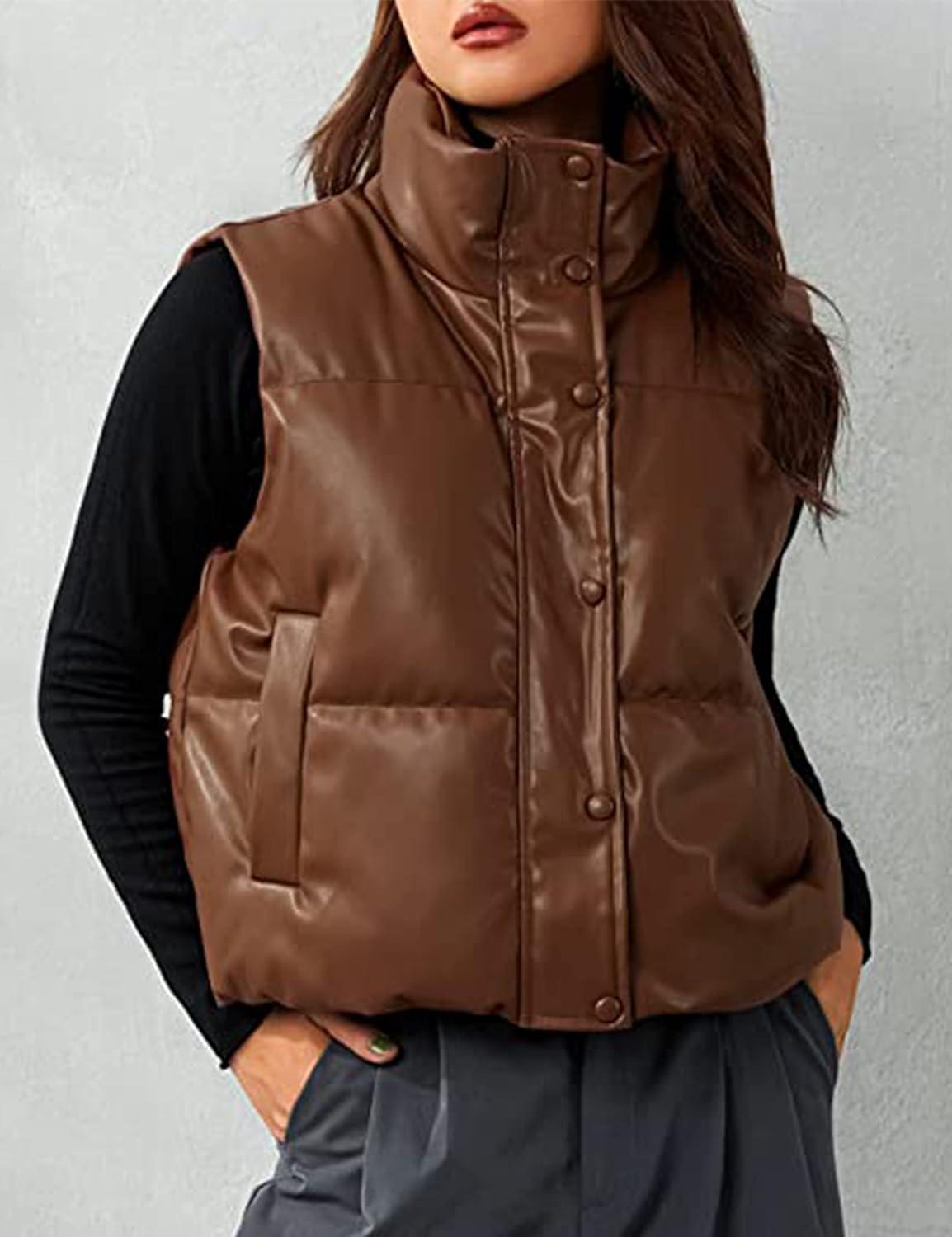 imageYidarer Womens Faux Leather Puffer Vest ZipUp Stand Collar Quilted Sleeveless Jacket Casual Fall Winter OuterwearCoffee