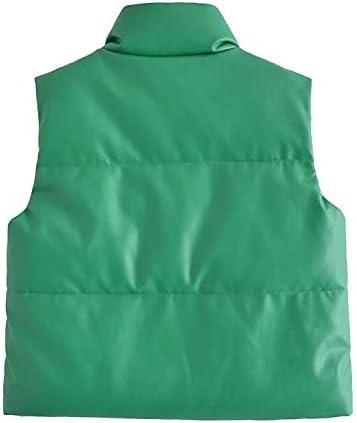 imageYidarer Womens Faux Leather Puffer Vest ZipUp Stand Collar Quilted Sleeveless Jacket Casual Fall Winter OuterwearGreen