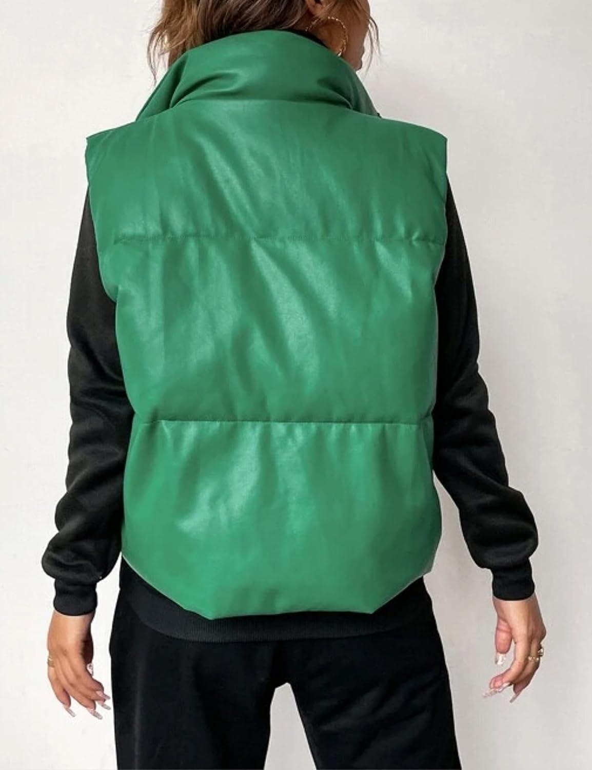 imageYidarer Womens Faux Leather Puffer Vest ZipUp Stand Collar Quilted Sleeveless Jacket Casual Fall Winter OuterwearGreen