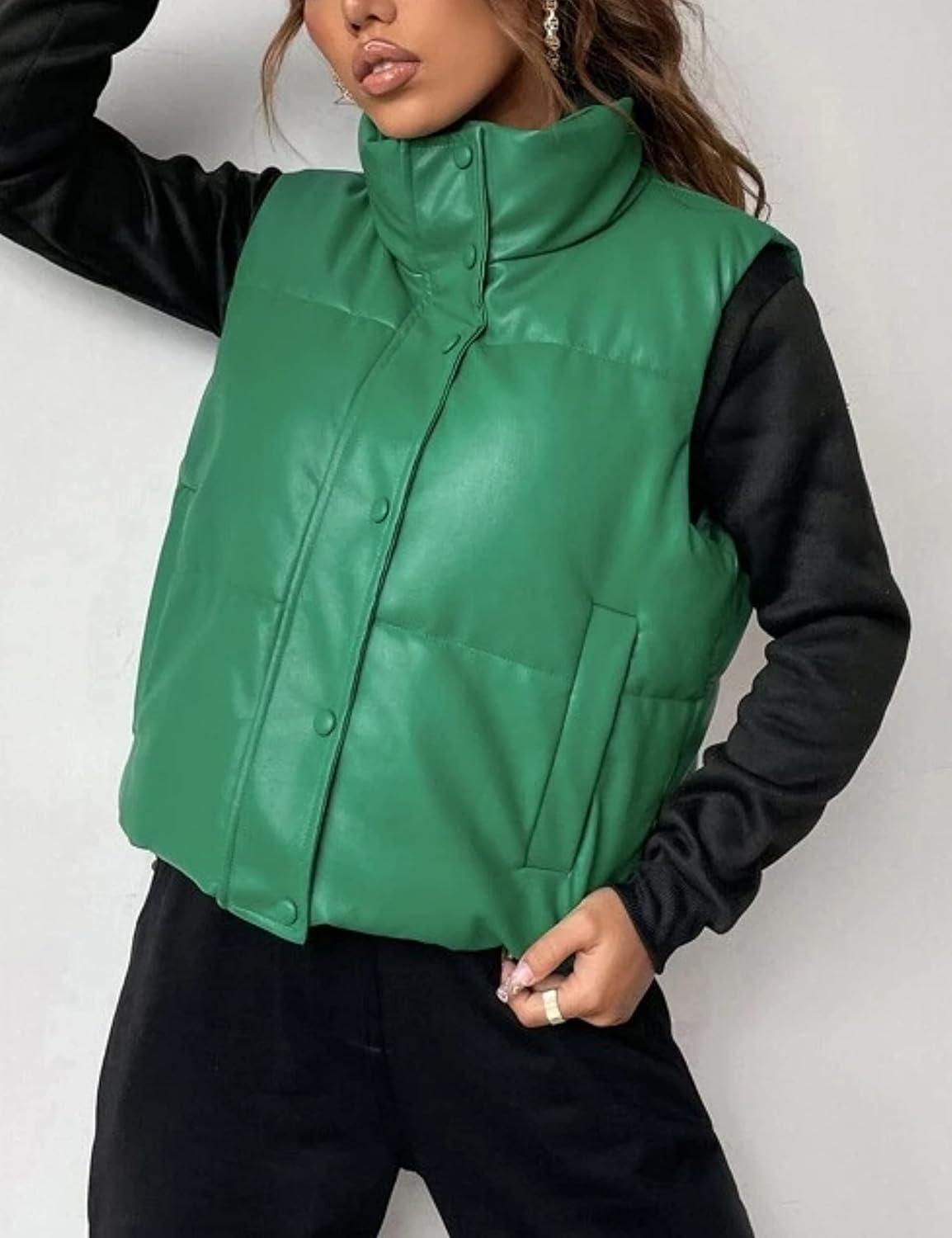 imageYidarer Womens Faux Leather Puffer Vest ZipUp Stand Collar Quilted Sleeveless Jacket Casual Fall Winter OuterwearGreen